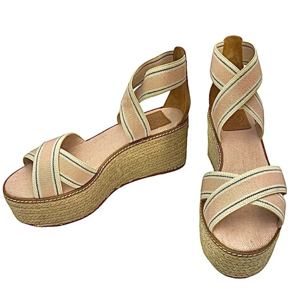 Tory Burch Frieda Espadrille Wedge Sandals Blush Stripe Tan Size 8M